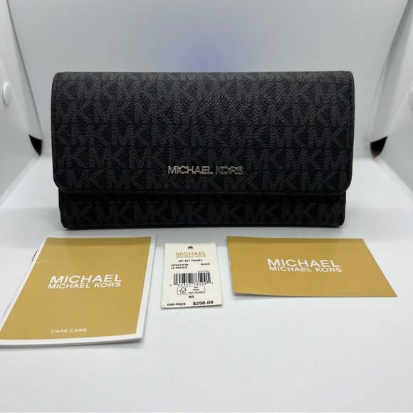 Michael Kors Handbags - MK Jet Set Travel Large Trifold Wallet in Black and Grey